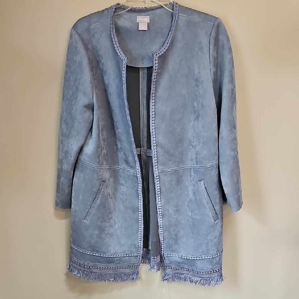 Chico's Powder Blue Faux Suede Fringe Jacket Open Cardigan